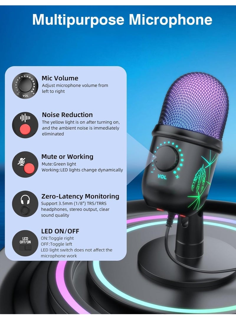 USB Microphone Plug and Play Gaming Mic for PC Mac PS4 or5 Podcast Microphone with RGB Mute Monitor Noise Reduction Volume Gain Great for Recording Streaming  - Image 5