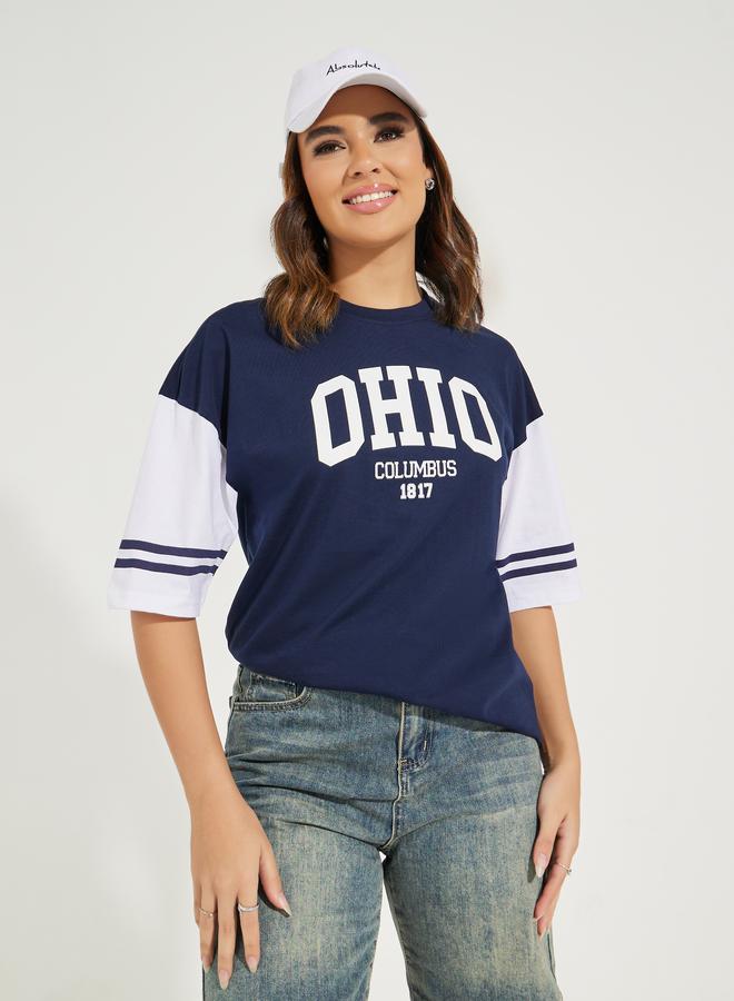 Styli Oversized Color Block Ohio Slogan T-Shirt with Dropped Shoulder - Image 1