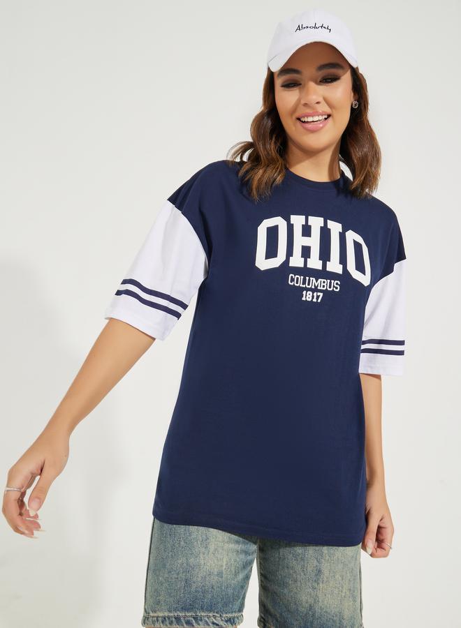 Styli Oversized Color Block Ohio Slogan T-Shirt with Dropped Shoulder - Image 2