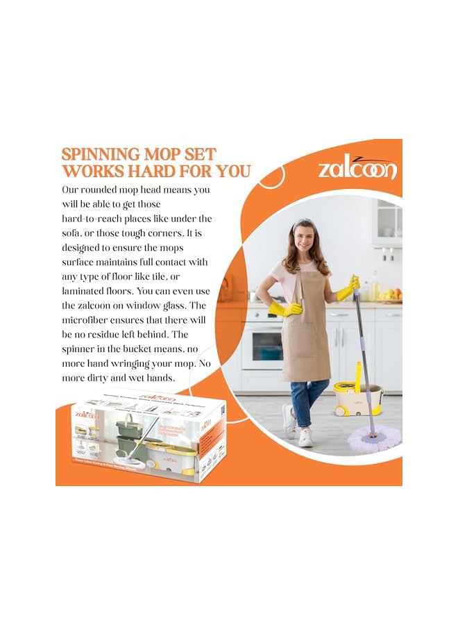 ZALCOON Spin Mop Telescopic Handle and Base for Floor Cleaning, 360° Spinning Mop Bucket with 2 Microfiber Mop Refills (Grey) - Image 4