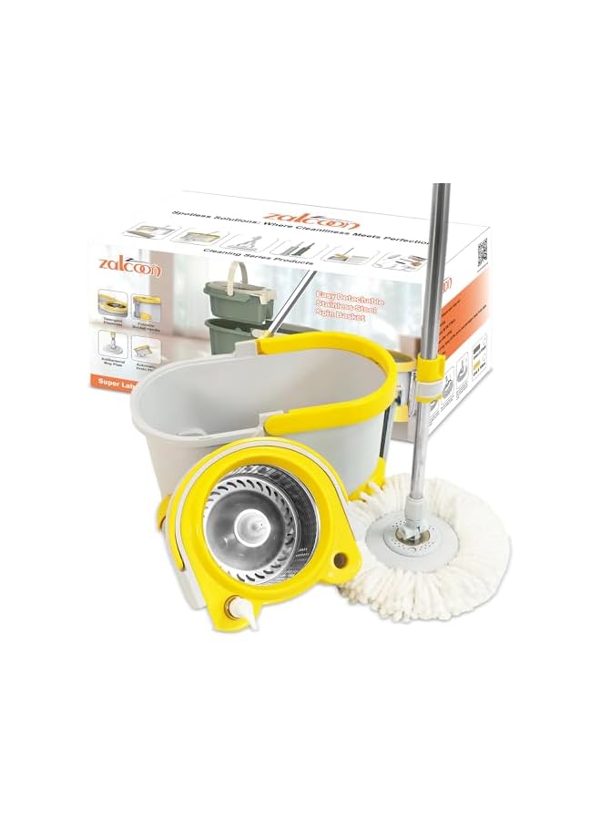 ZALCOON Spin Mop Telescopic Handle and Base for Floor Cleaning, 360° Spinning Mop Bucket with 2 Microfiber Mop Refills (Grey) - Image 2