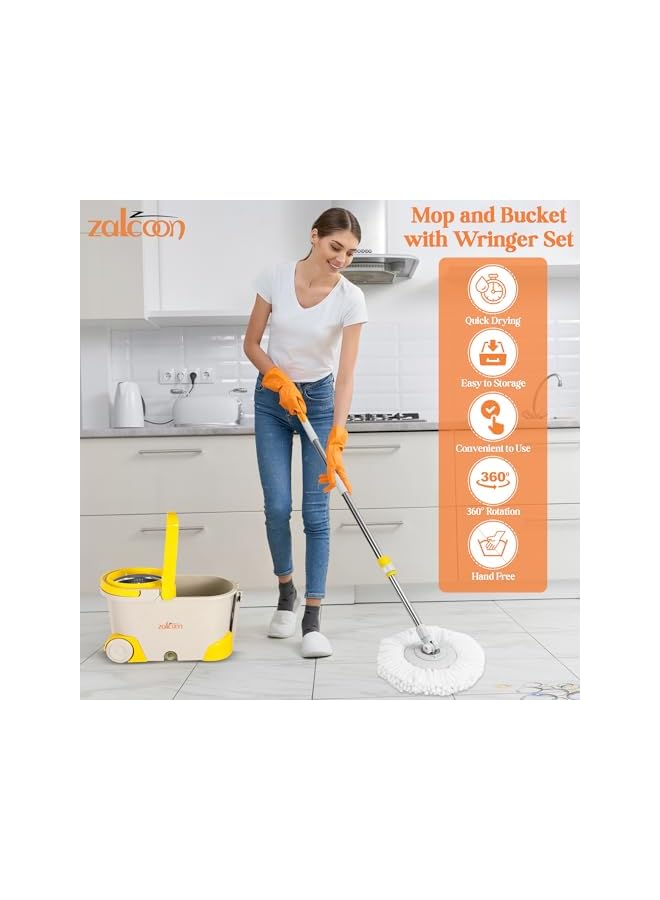 ZALCOON Spin Mop Telescopic Handle and Base for Floor Cleaning, 360° Spinning Mop Bucket with 2 Microfiber Mop Refills (Grey) - Image 3