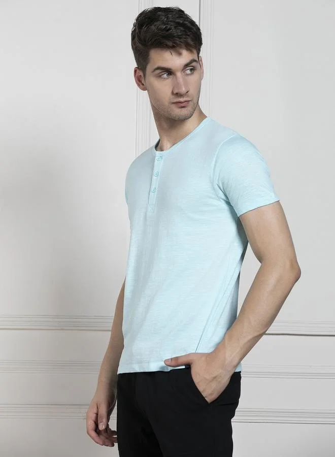 Dennis Lingo Regular Fit Light Blue Cotton Henley Neck T-Shirt
