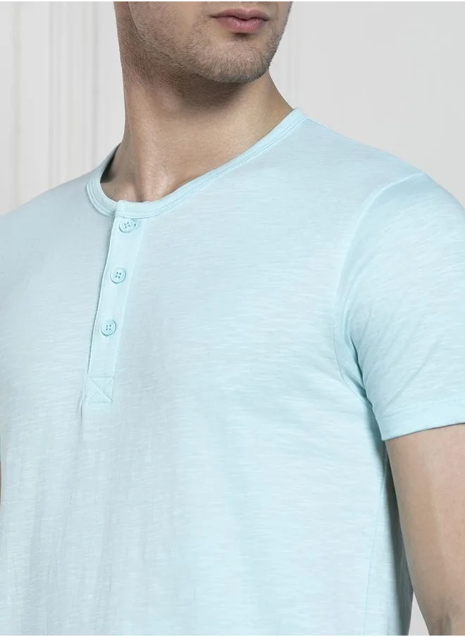 Dennis Lingo Regular Fit Light Blue Cotton Henley Neck T-Shirt
