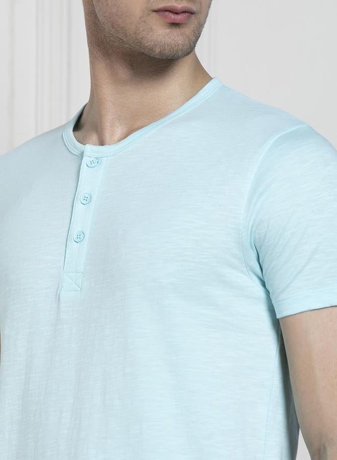 Dennis Lingo Regular Fit Light Blue Cotton Henley Neck T-Shirt  - Image 2