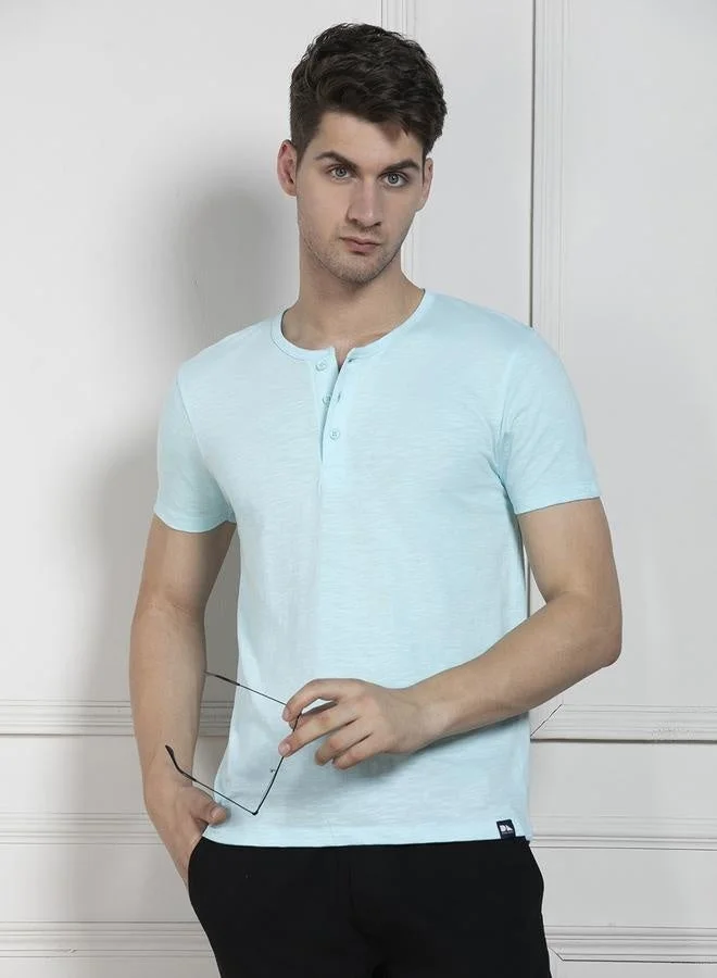Regular Fit Light Blue Cotton Henley Neck T-Shirt