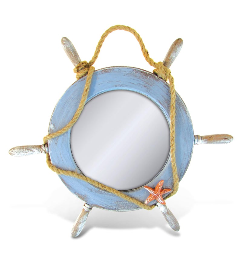 Puzzled COTA Global Pacific Mirror Boat Wheel Nautical Decor Nautical Themed Wood Mirror Beach Decor for Wall Novelty Blue Boat Wheel Mirror with Rope and Starfish Wooden Figure