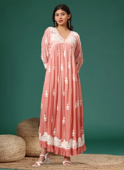 Alaya Hand Embroidered Chikankari A-Line Gathering Pattern Muslin Jalabiya-AL4002