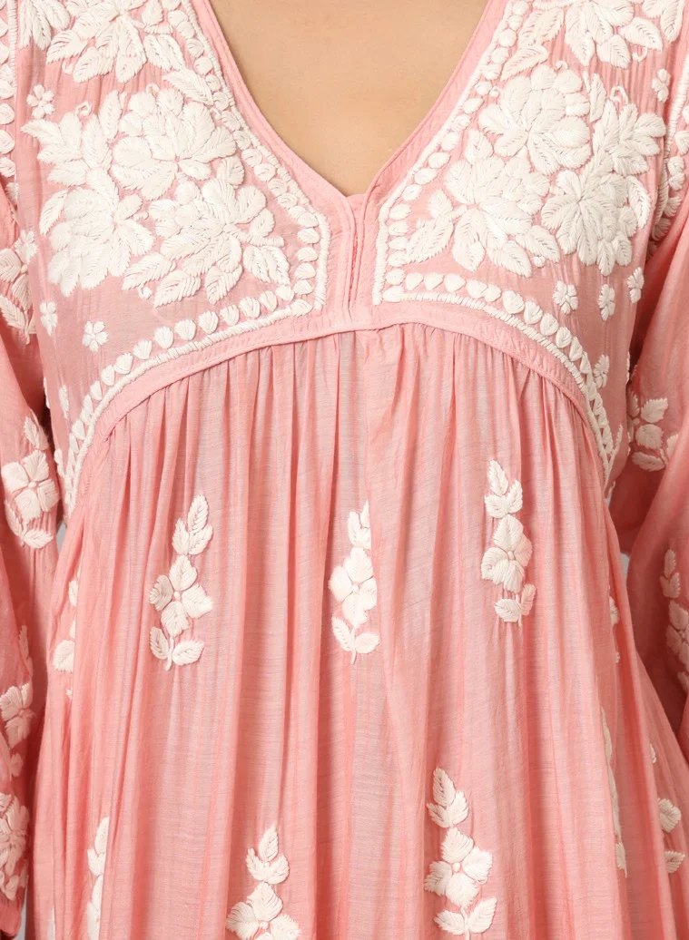 Alaya Hand Embroidered Chikankari A-Line Gathering Pattern Muslin Jalabiya-AL4002