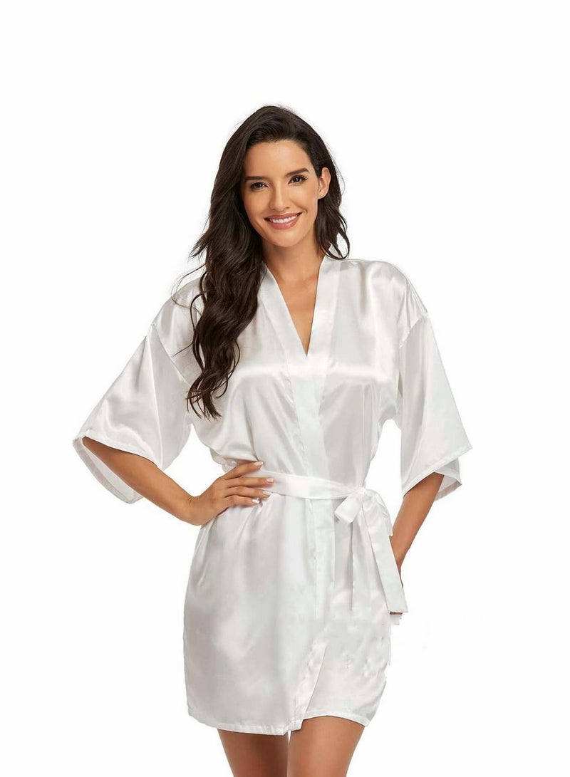 واي آند دي Nightgown, Lady Spring and Summer Simulation Silk, Bridal Gown Morning, Bridesmaid Dress Mid-length Embroidered, Bathrobe Home Wear (Pearl White, L) - Image 4