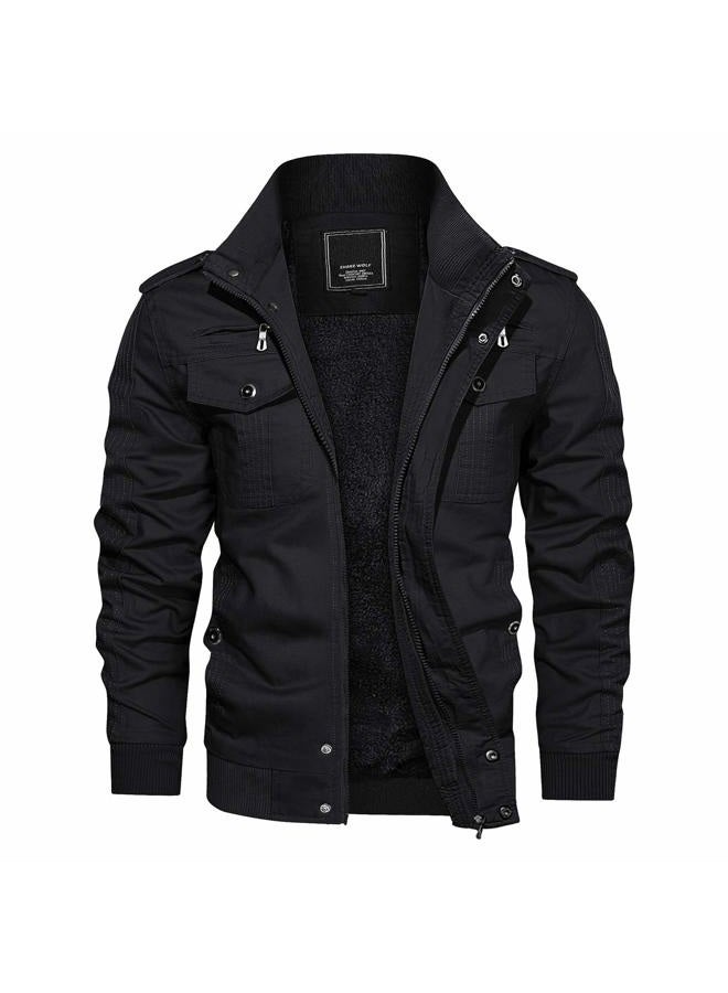 CRYSULLY Men's Fleece Cargo Jacket Winter Casual Thicken Multi Pocket Field Outwear Jackets Coat, 157# Black, L - Image 1