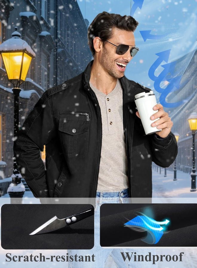 CRYSULLY Men's Fleece Cargo Jacket Winter Casual Thicken Multi Pocket Field Outwear Jackets Coat, 157# Black, L - Image 3