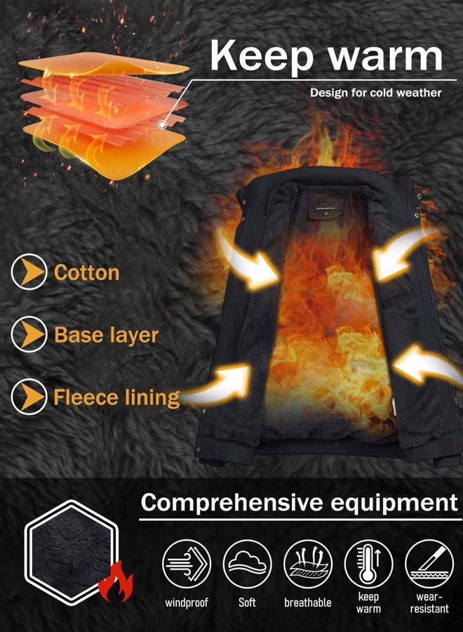 CRYSULLY Men's Fleece Cargo Jacket Winter Casual Thicken Multi Pocket Field Outwear Jackets Coat, 157# Black, L - Image 2