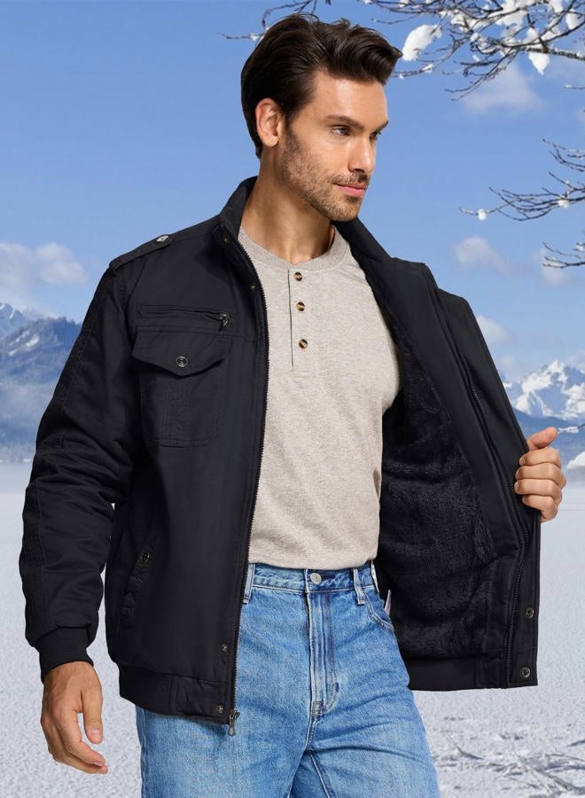 CRYSULLY Men's Fleece Cargo Jacket Winter Casual Thicken Multi Pocket Field Outwear Jackets Coat, 157# Black, L - Image 5