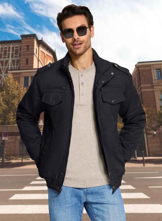 CRYSULLY Men's Fleece Cargo Jacket Winter Casual Thicken Multi Pocket Field Outwear Jackets Coat, 157# Black, L - Image 4