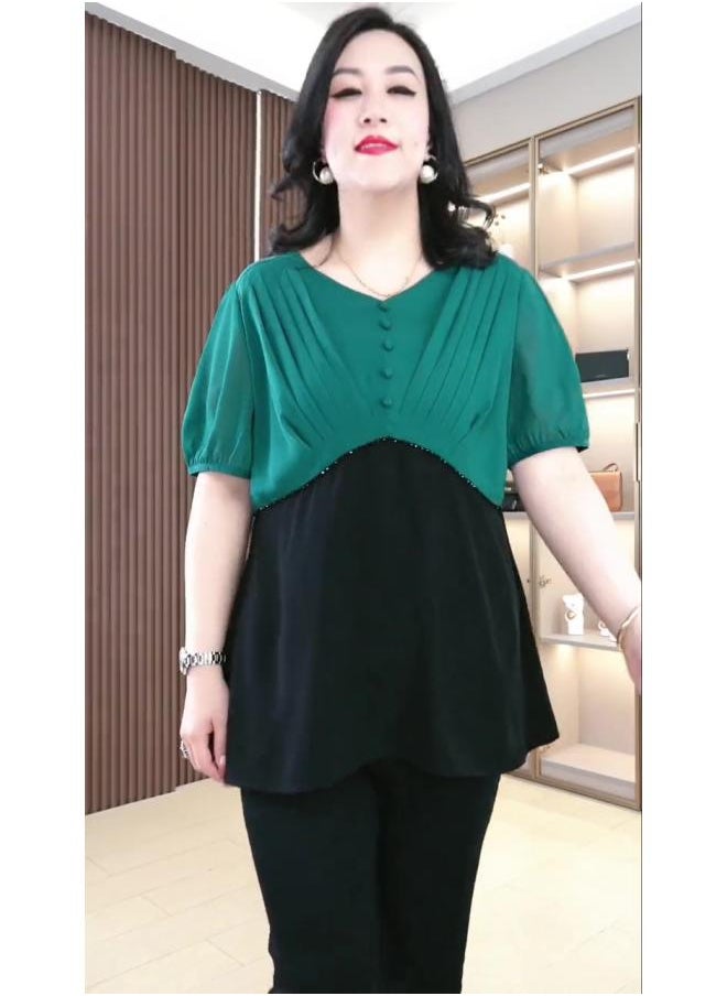 Generic - Summer Casual Stylish Fashion All-match Feminine Contrast Small Shirt Short-sleeved Top Chubby Girl Middle-aged Mother Women's Clothing - Image 1