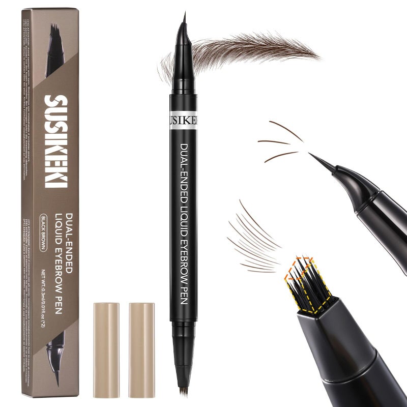 SUSIKEKI Dual-Ended Microblading Eyebrow Pencil for Women, 2 in 1 Liquid Eyebrow Pencil with Curved Tip and 4D Brow-Fection Microblading Pen, Shaped Fill HairLike Waterproof Lasting Eyebrows 03 Dark Brown - Image 1