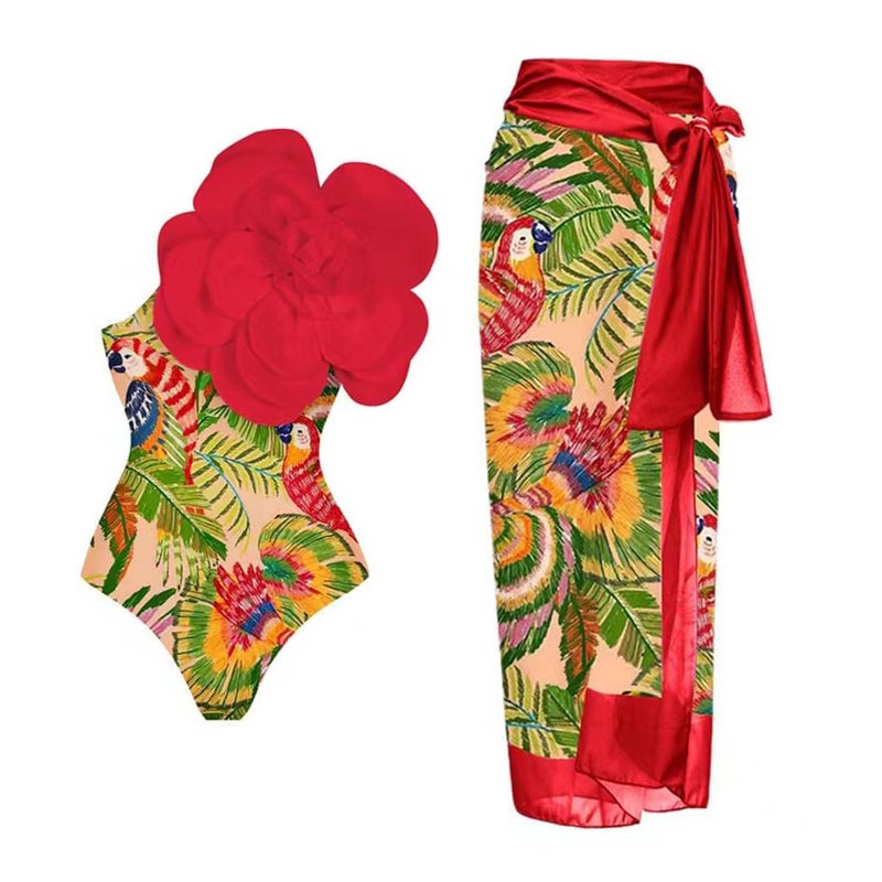 Trendy Printed Swimwear One-Piece Skirt Swimsuit Two-Piece Set With Large Floral Design - Image 4