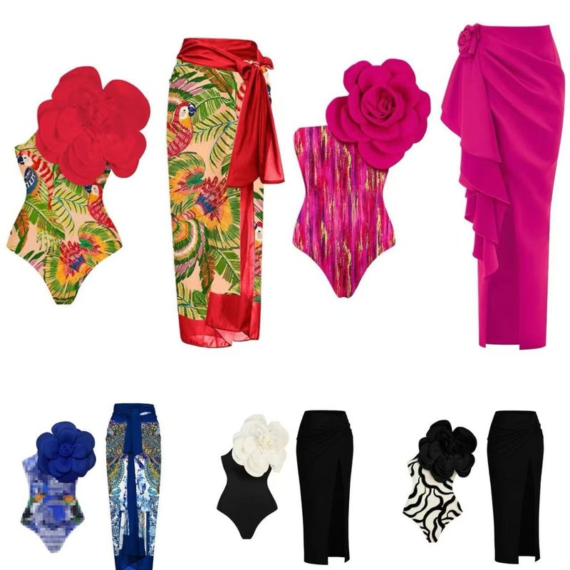 Trendy Printed Swimwear One-Piece Skirt Swimsuit Two-Piece Set With Large Floral Design - Image 2