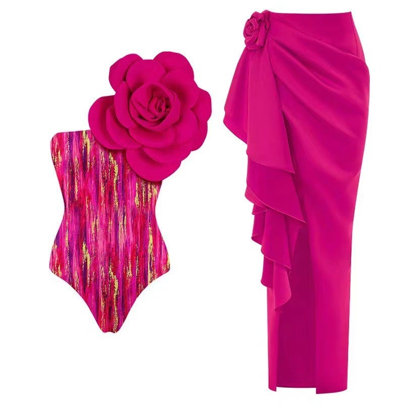 Trendy Printed Swimwear One-Piece Skirt Swimsuit Two-Piece Set With Large Floral Design - Image 3