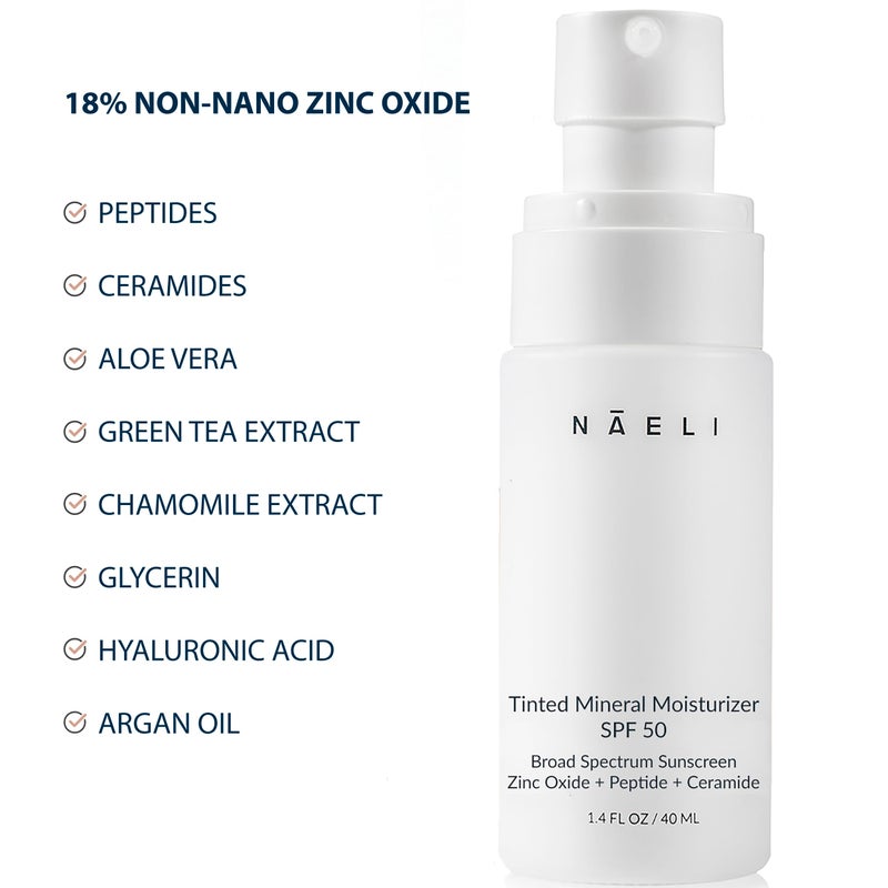 NAELI مرطب ملون مضاد للشيخوخة NAELI SPF 50، واقي شمس معدني للوجه مع أكسيد الزنك، ببتيدات وسيراميدات، لون مرطب طبيعي عالمي - 1.4 أونصة - Image 5