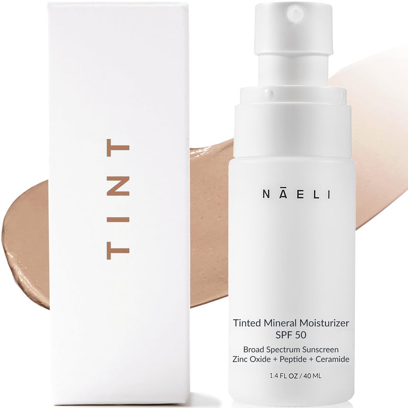 NAELI مرطب ملون مضاد للشيخوخة NAELI SPF 50، واقي شمس معدني للوجه مع أكسيد الزنك، ببتيدات وسيراميدات، لون مرطب طبيعي عالمي - 1.4 أونصة - Image 1