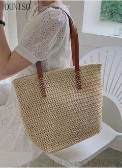 Generic Women's Shoulder Tote Bag Straw Design Handbag For Women Large Capacity Bucket Bag Fashionable Travel Messenger Shoulder Bag for Ladies Girls College Students  - Image 5