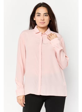 Women Pointed Collar Long Sleeves Solid Shirt, Pink
