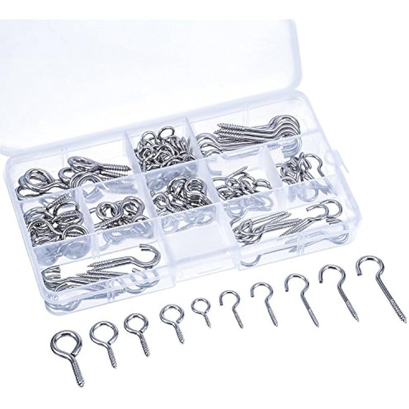 Screw Hooks and Screw Eyes Kit, Hanging Hooks Assortment Size Ceiling Hooks Cup Hooks and Eye Bolts, 150 Pieces Silver DIY Crafts ® India 999 - Image 1