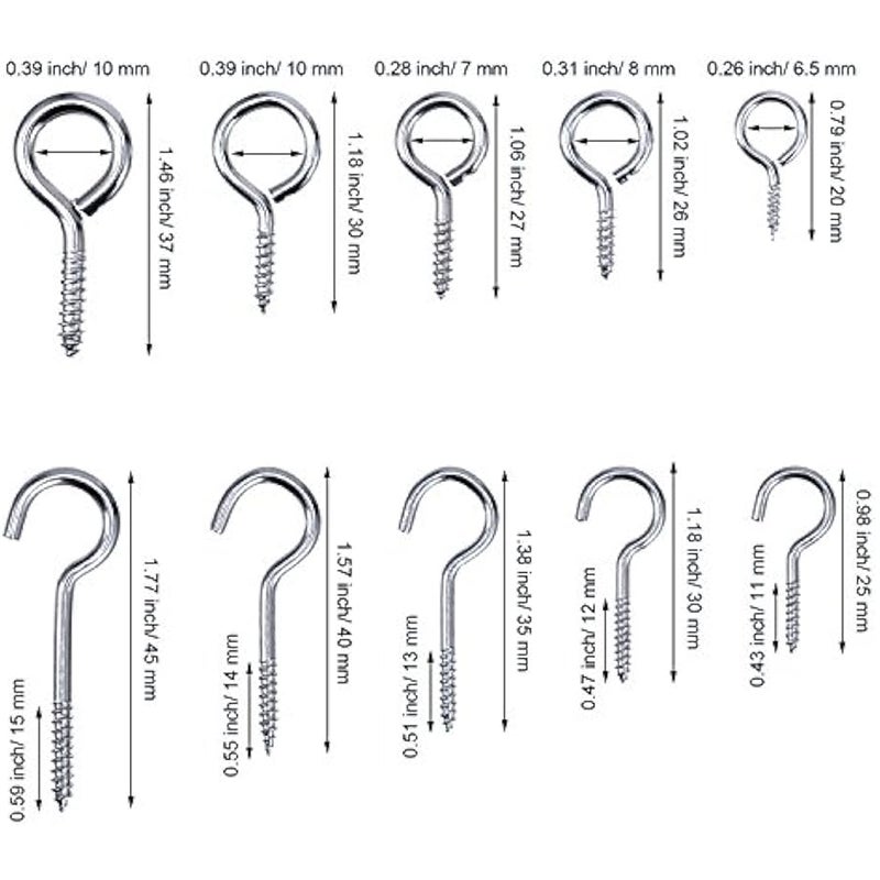 Screw Hooks and Screw Eyes Kit, Hanging Hooks Assortment Size Ceiling Hooks Cup Hooks and Eye Bolts, 150 Pieces Silver DIY Crafts ® India 999 - Image 4