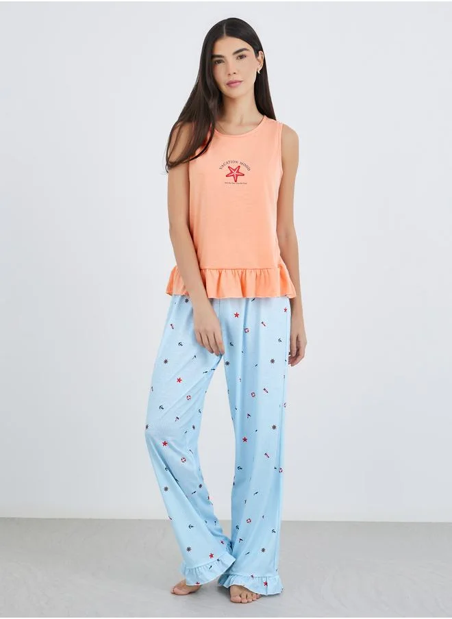 Styli Styli Ocean Theme Print Ruffle Hem Tank and Wide Leg Pyjama Set