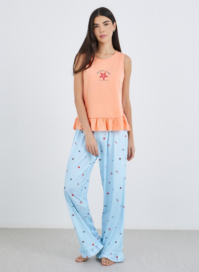 Styli Ocean Theme Print Ruffle Hem Tank and Wide Leg Pyjama Set - Image 1