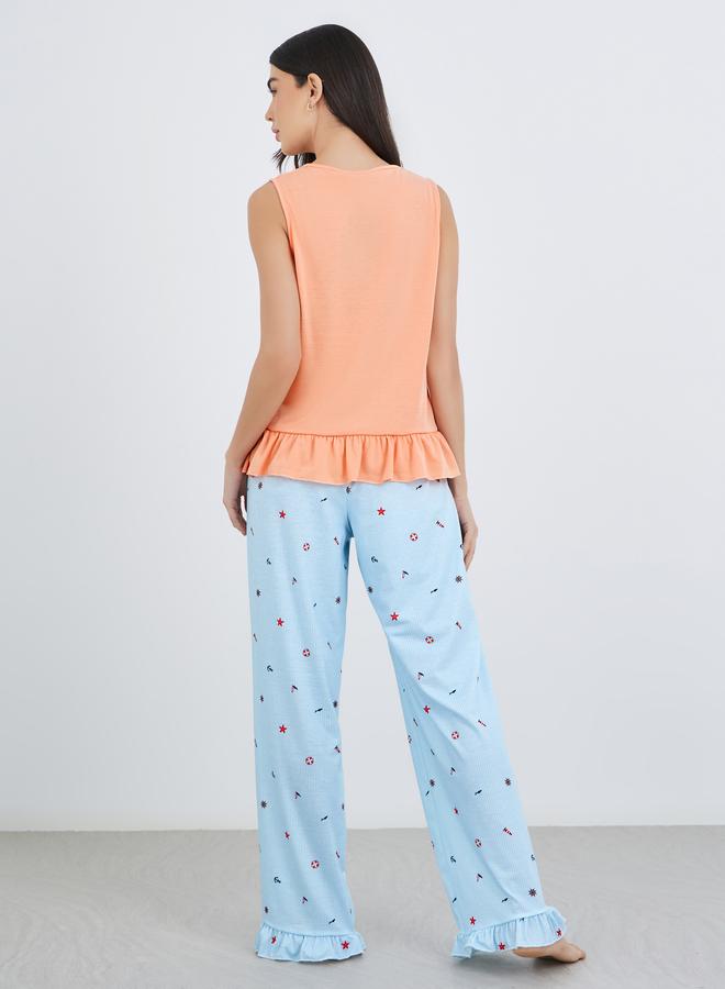 Styli Ocean Theme Print Ruffle Hem Tank and Wide Leg Pyjama Set - Image 5