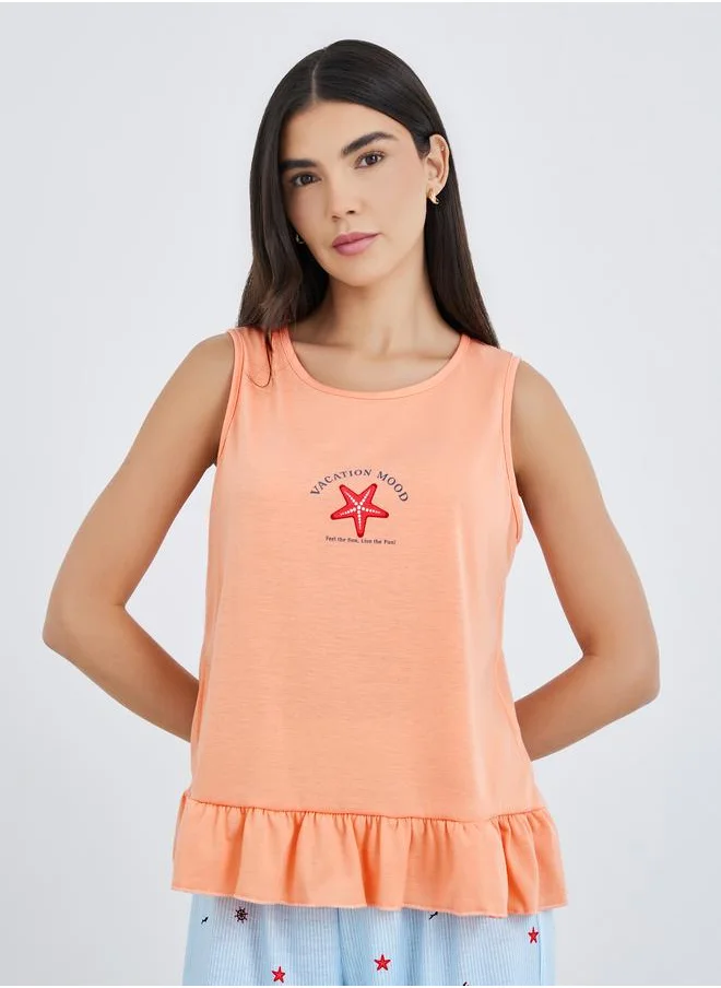 Styli Styli Ocean Theme Print Ruffle Hem Tank and Wide Leg Pyjama Set