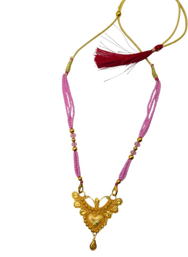 MSN Traditional Gold Tone Heart Pendant Necklace Pink Beaded Chain Ethnic Jewelry - Image 1