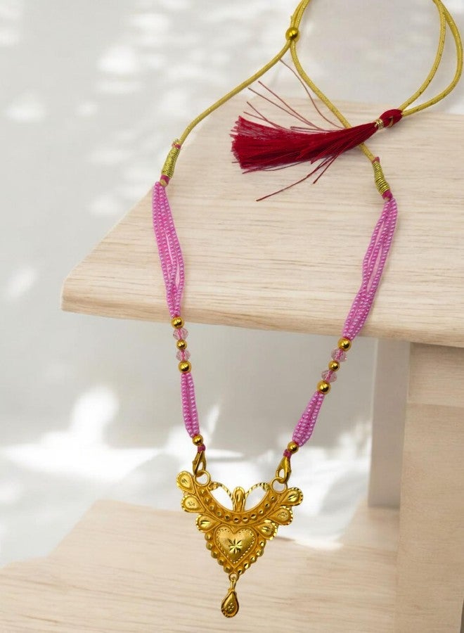 MSN Traditional Gold Tone Heart Pendant Necklace Pink Beaded Chain Ethnic Jewelry - Image 4