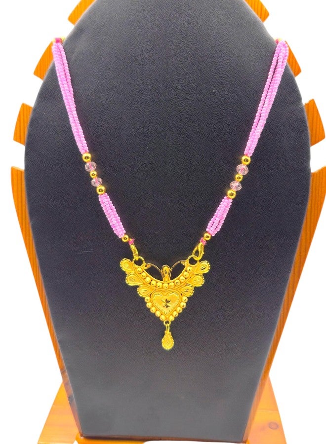 MSN Traditional Gold Tone Heart Pendant Necklace Pink Beaded Chain Ethnic Jewelry - Image 2
