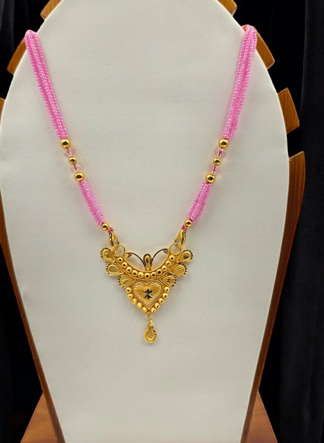 MSN Traditional Gold Tone Heart Pendant Necklace Pink Beaded Chain Ethnic Jewelry - Image 5