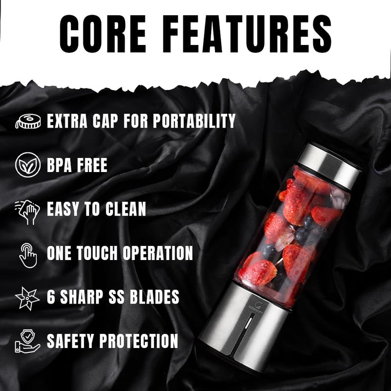 GOODSCITY Blender For Smoothie And Juices | Portable Hand Blender For Kitchen | Premium Usb Rechargeable Fruit Juicer Machine | 450Ml BPA FREE Food Grade Glass Jar| Long Battery Life |1 Year Warranty - Image 5