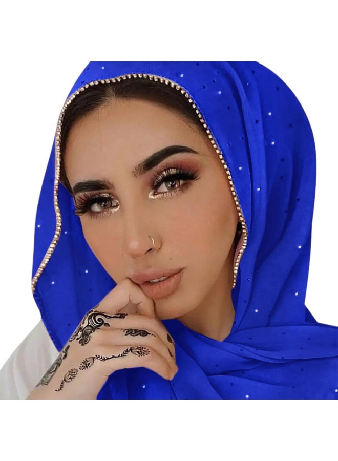 2Pcs Royal Blue Rhinestone Pearl Chiffon Hijab Scarf 180x70cm, Sparkling Gold Beaded Trim Muslim Women Head Wrap for Worship Wedding Daily Party - Image 1