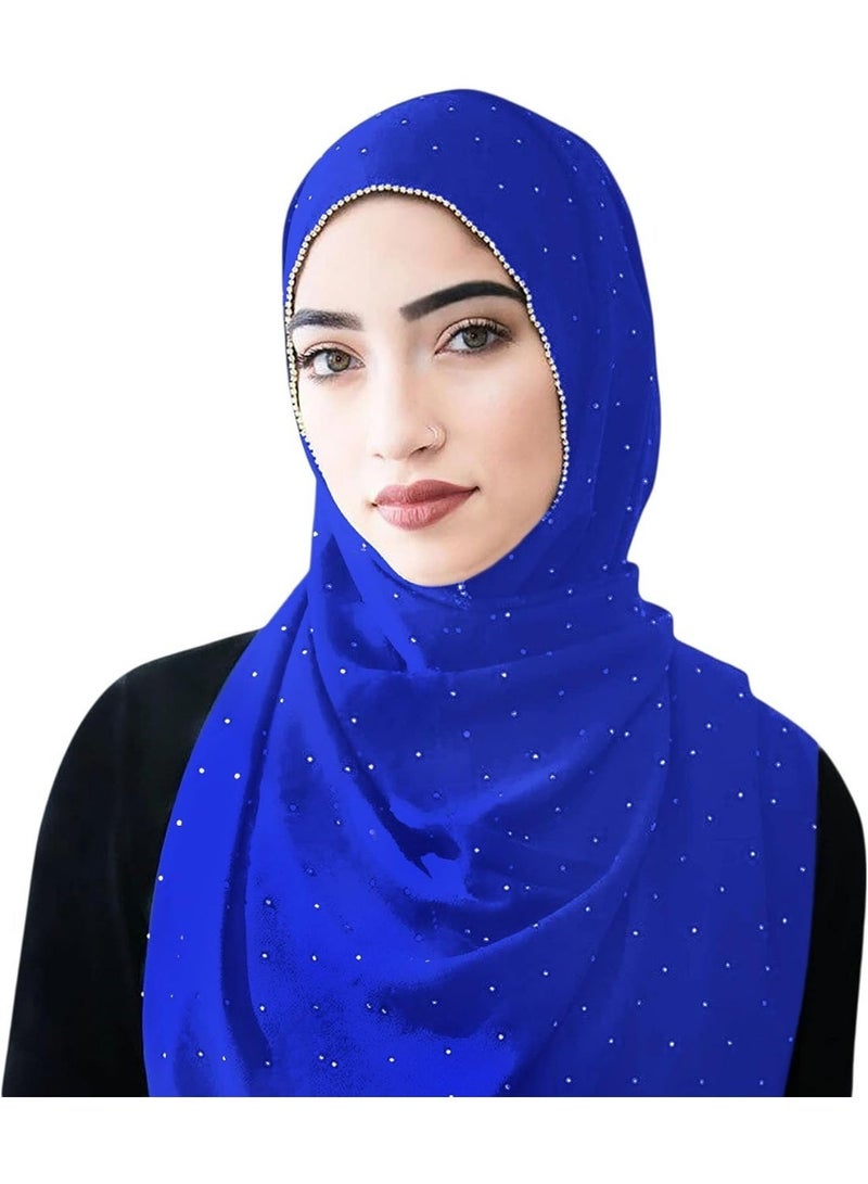 2Pcs Royal Blue Rhinestone Pearl Chiffon Hijab Scarf 180x70cm, Sparkling Gold Beaded Trim Muslim Women Head Wrap for Worship Wedding Daily Party - Image 4