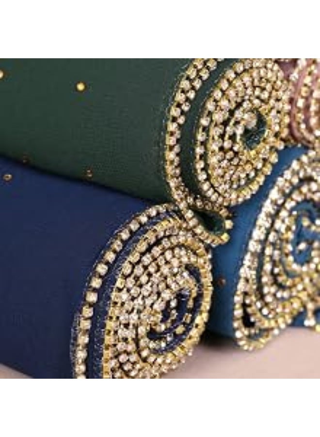 2Pcs Royal Blue Rhinestone Pearl Chiffon Hijab Scarf 180x70cm, Sparkling Gold Beaded Trim Muslim Women Head Wrap for Worship Wedding Daily Party - Image 5