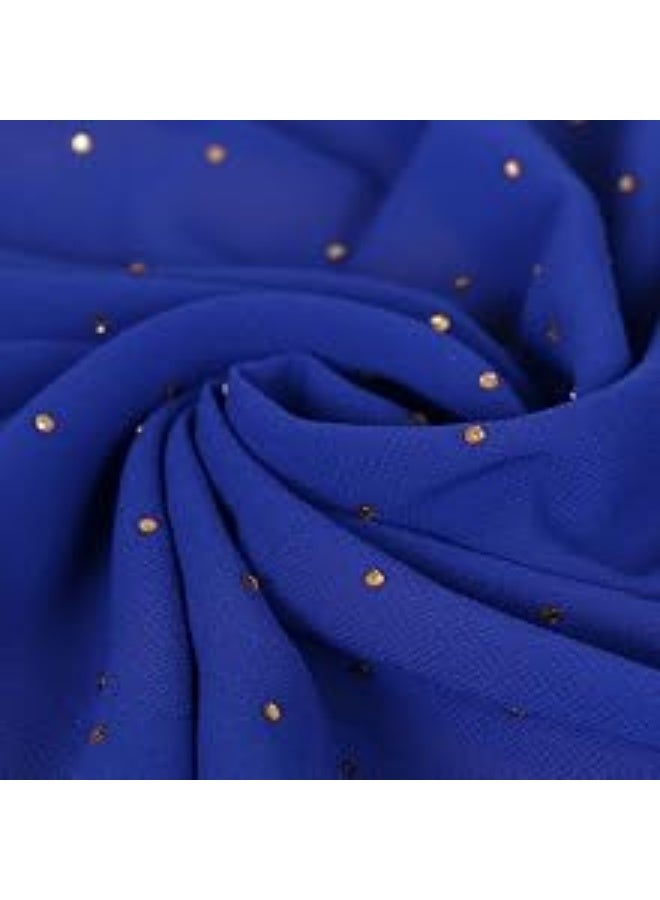 2Pcs Royal Blue Rhinestone Pearl Chiffon Hijab Scarf 180x70cm, Sparkling Gold Beaded Trim Muslim Women Head Wrap for Worship Wedding Daily Party - Image 3