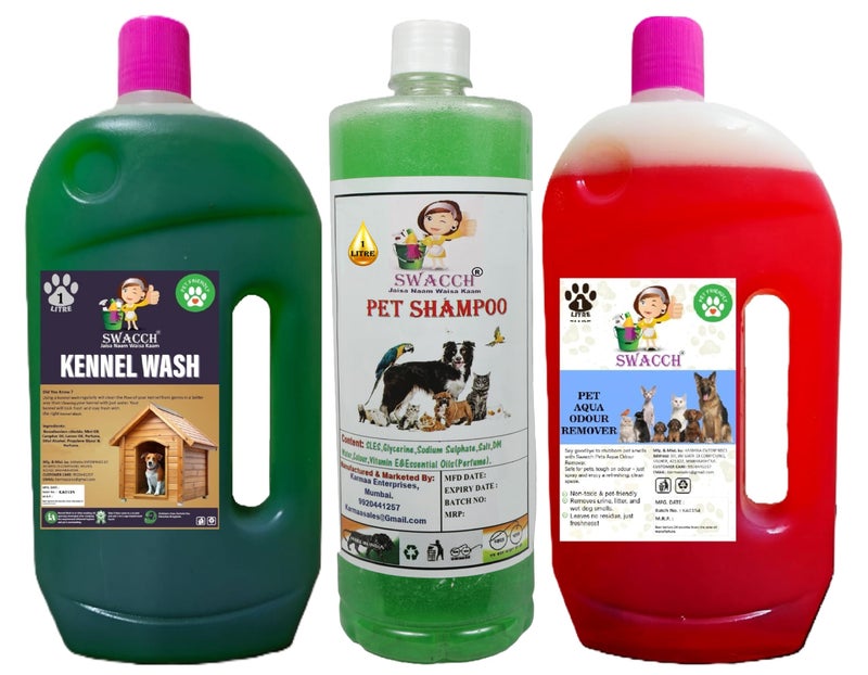 swacch Kennel Wash (Jasmine) + Pet Shampoo (Neem Alovera) I Pet Aqua Odour Remover (Strawberry) 1 Litre Combo Pack of 3 Economical Pack I Dog and Cat Friendly - Image 1