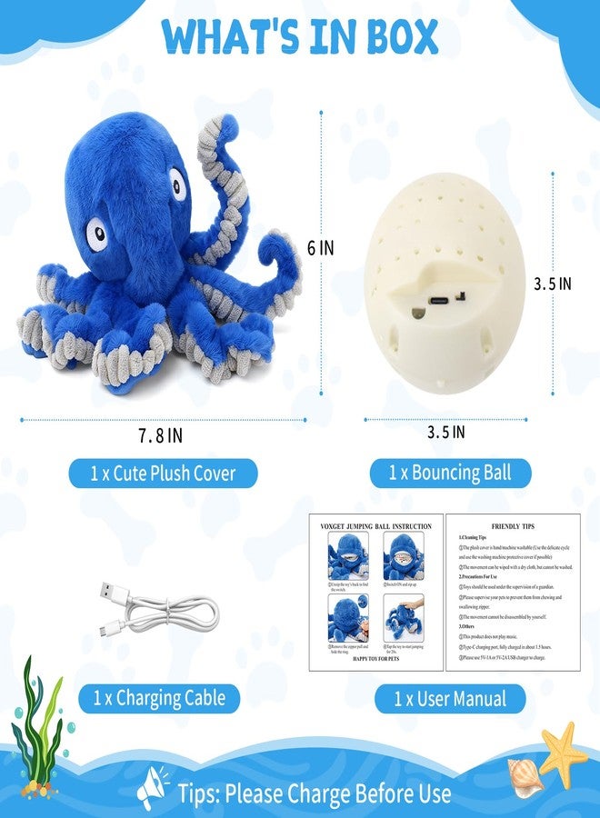 VOXGET Interactive Dog Octopus Toy, Upgrade Automatic 1.5H Jumping Ball with Motion Activation for Small Large Dogs, 2 in 1 Rechargeable Move & Tug Plush Toy Pets Keep Busy, No Music (Blue Crinkle) - Image 5