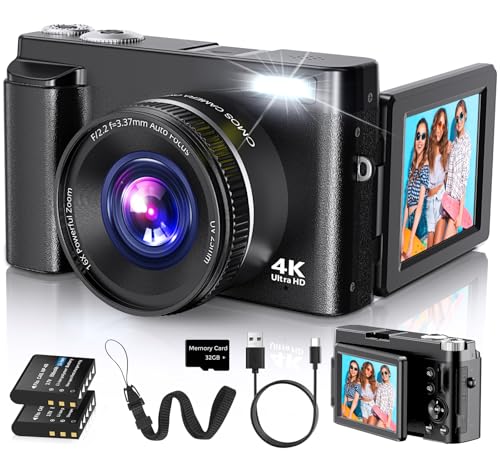 Duluvulu 4K Digital Camera for Photography Autofocus 2026 Latest 48MP Vlogging Camera for YouTube with SD Card 2 Batteries 3 180Flip Screen Compact Travel Camera for Teens with 16X ZoomBlack