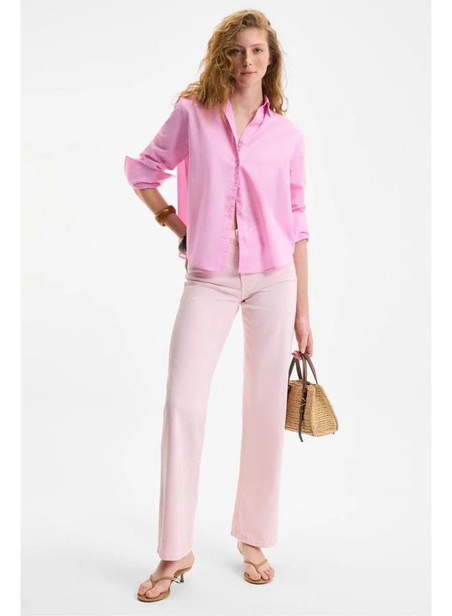 Grimelange VARAZDIN Women's Oversized Long Sleeve 100% Cotton Shirt with Long Thin Pink Collar.