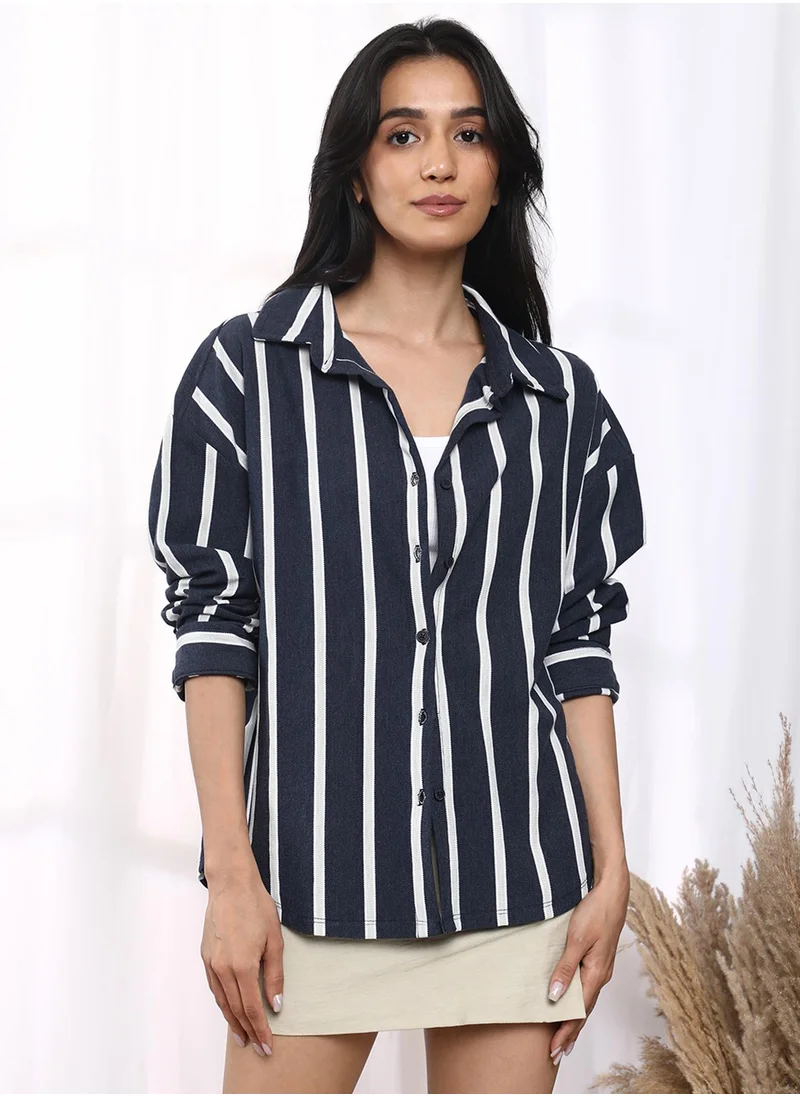 PINACOLADA Women's Prussian Blue Striped Boxy Shirt