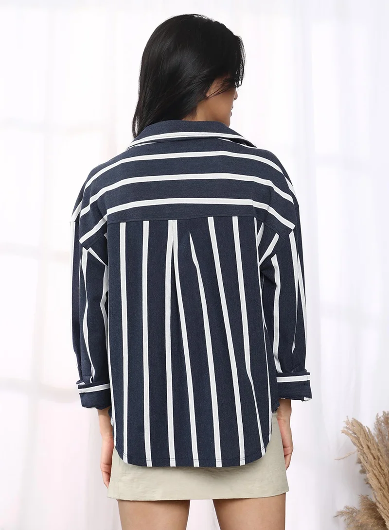 PINACOLADA Women's Prussian Blue Striped Boxy Shirt