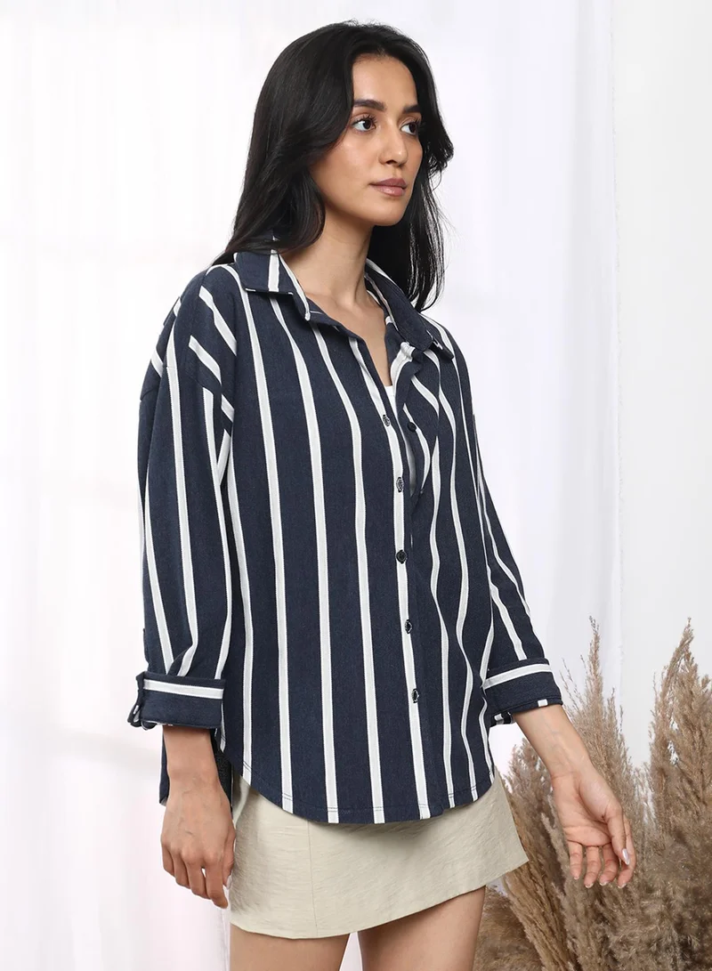 PINACOLADA Women's Prussian Blue Striped Boxy Shirt